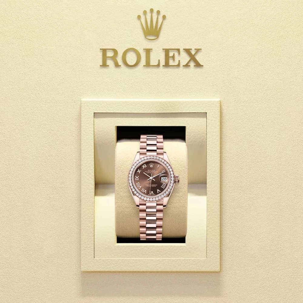 Rolex Lady-Datejust 28mm - Ref: 279135rbr-0016 - Chocolate Roman Diamond Dial & Diamond Bezel, 18K Rose Gold Presidential Bracelet Women's Watch