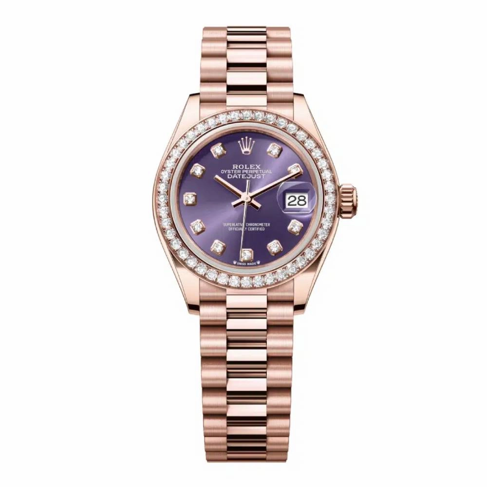 Rolex Lady Datejust 28mm - Ref: 279135rbr adp - Aubergine Purple Dial & Diamond Bezel, 18K Rose Gold Oyster Bracelet Women's Watch