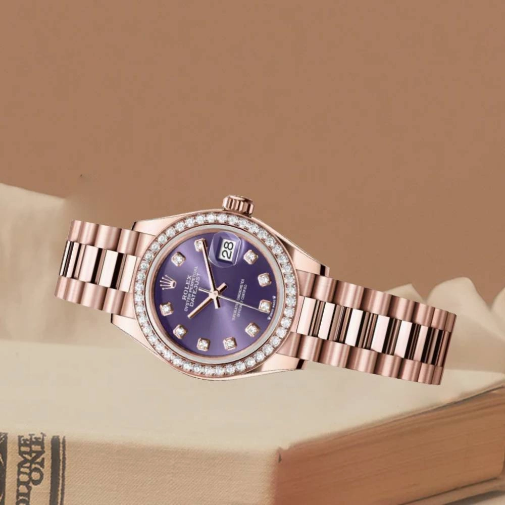 Rolex Lady Datejust 28mm - Ref: 279135rbr adp - Aubergine Purple Dial & Diamond Bezel, 18K Rose Gold Oyster Bracelet Women's Watch