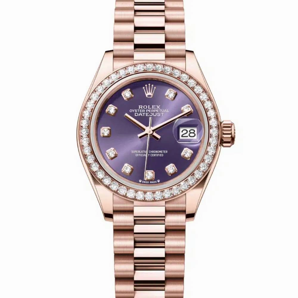 Rolex Lady Datejust 28mm - Ref: 279135rbr adp - Aubergine Purple Dial & Diamond Bezel, 18K Rose Gold Oyster Bracelet Women's Watch