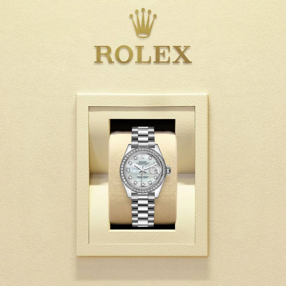 Rolex Lady-Datejust 28mm - Ref: 279136rbr-0008 - White Mother of Pearl Diamond Dial & Diamond Bezel, 18K White Gold Presidential Bracelet Women's Watch