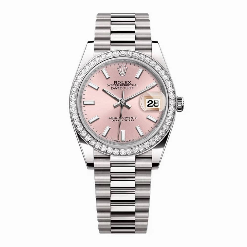 Rolex Lady-Datejust 28mm - Ref: 279136RBR pip - Pink Stick Dial & Diamond Bezel, Platinum Presidential Bracelet Women's Watch