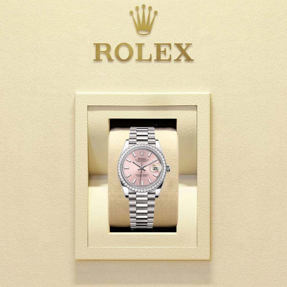Rolex Lady-Datejust 28mm - Ref: 279136RBR pip - Pink Stick Dial & Diamond Bezel, Platinum Presidential Bracelet Women's Watch