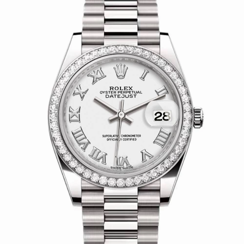 Rolex Lady-Datejust 28mm - Ref: 279136RBR wrp - White Roman Dial & Diamond Bezel, Platinum Presidential Bracelet Women's Watch