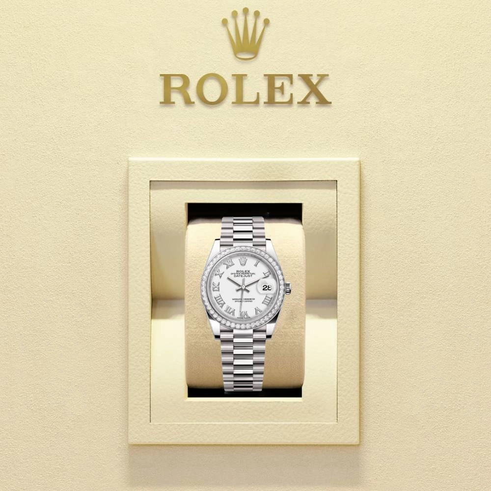 Rolex Lady-Datejust 28mm - Ref: 279136RBR wrp - White Roman Dial & Diamond Bezel, Platinum Presidential Bracelet Women's Watch