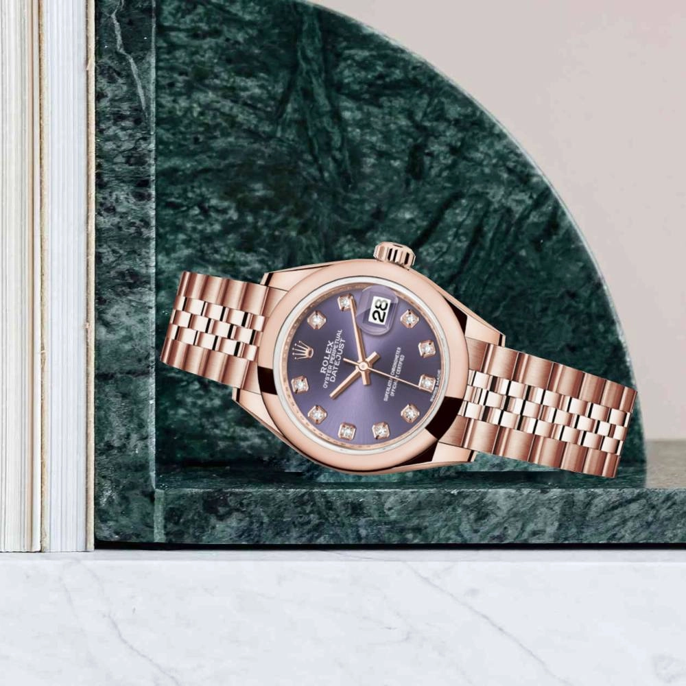Rolex Lady Datejust 28mm - Ref: 279165-0020 - Aubergine Purple Dial, 18K Rose Gold Jubilee Bracelet Women's Watch