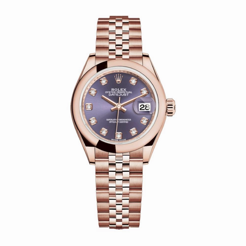 Rolex Lady Datejust 28mm - Ref: 279165-0020 - Aubergine Purple Dial, 18K Rose Gold Jubilee Bracelet Women's Watch