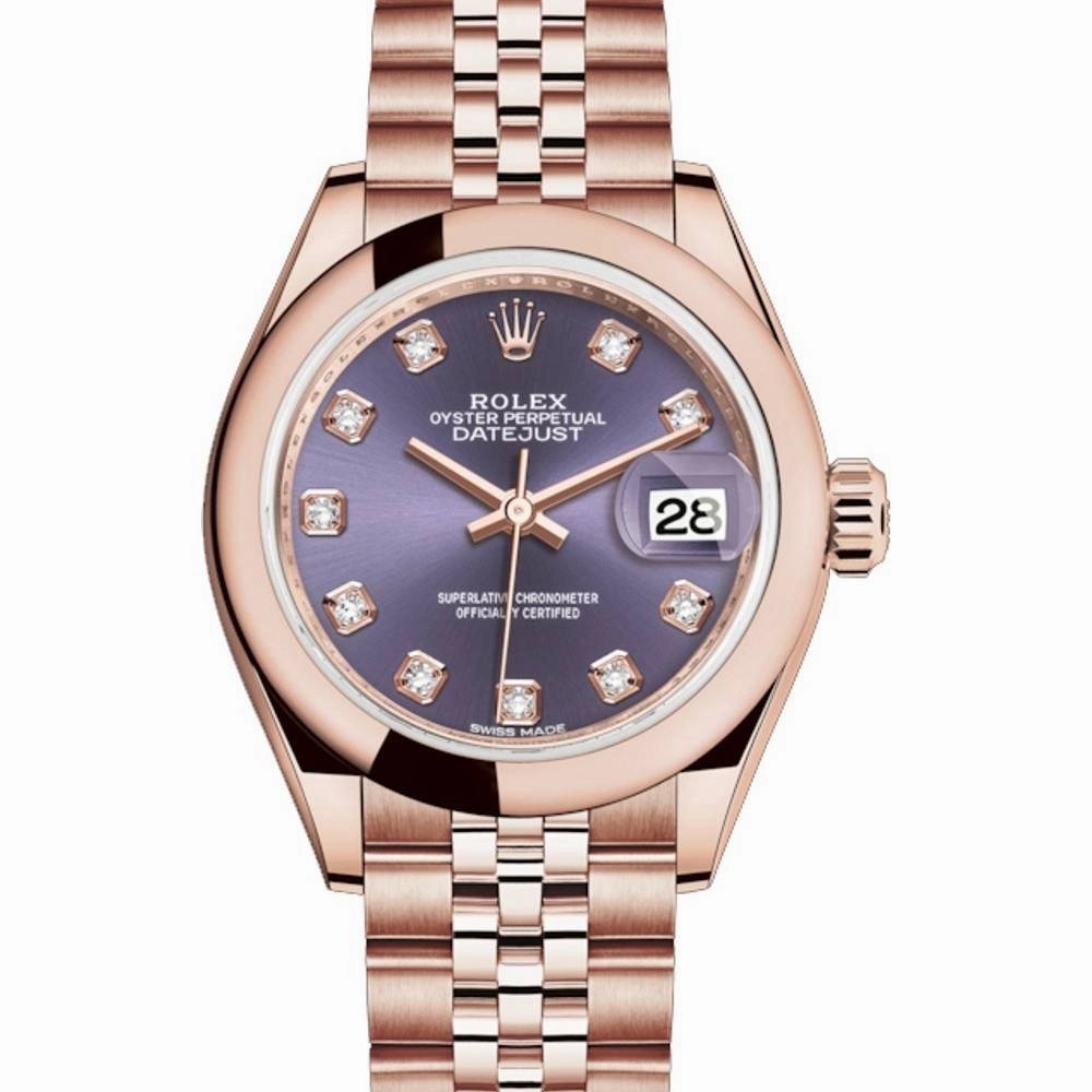 Rolex Lady Datejust 28mm - Ref: 279165-0020 - Aubergine Purple Dial, 18K Rose Gold Jubilee Bracelet Women's Watch