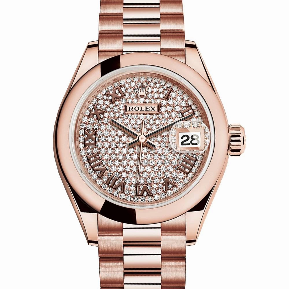 Rolex Lady Datejust 28mm - Ref: 279165-0023 - Diamond Pave Dial, 18K Rose Gold President Bracelet Women's Watch