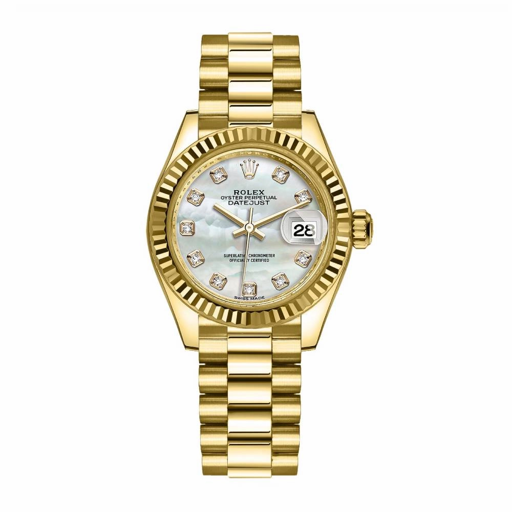 Rolex Lady Datejust 28mm - Ref: 279178-0025 - White Mother of Pearl Dial, 18K Yellow Gold President Bracelet Women's Watch