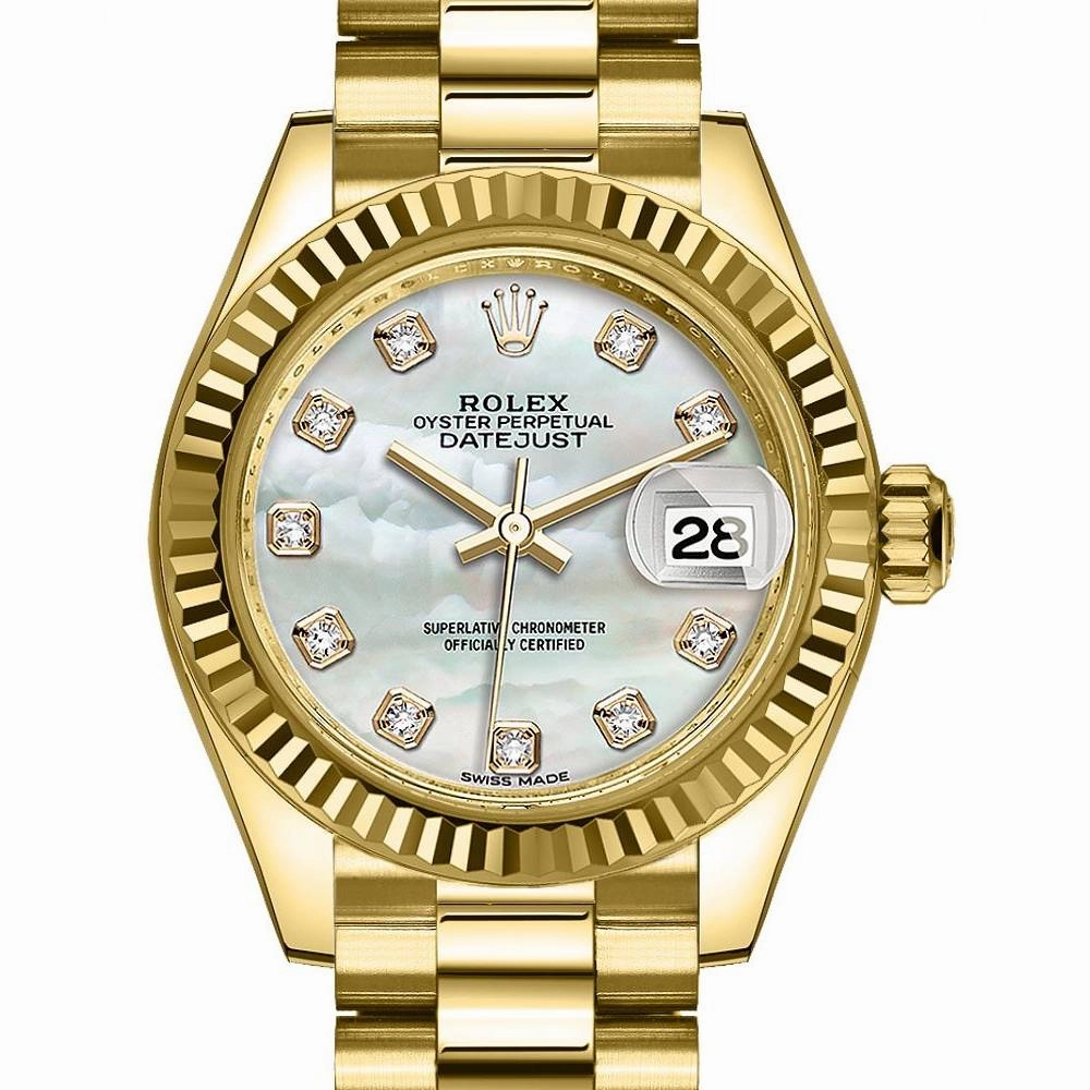 Rolex Lady Datejust 28mm - Ref: 279178-0025 - White Mother of Pearl Dial, 18K Yellow Gold President Bracelet Women's Watch