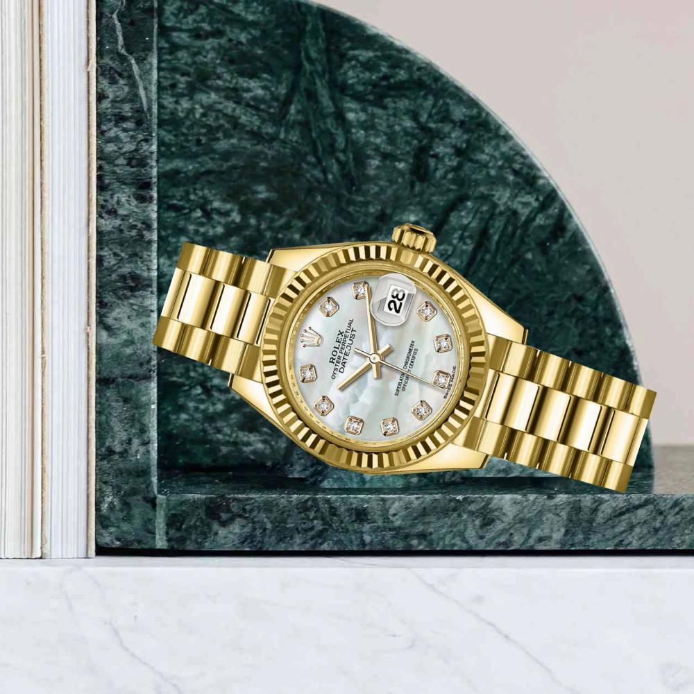 Rolex Lady Datejust 28mm - Ref: 279178-0025 - White Mother of Pearl Dial, 18K Yellow Gold President Bracelet Women's Watch