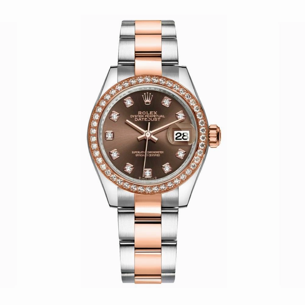 Rolex Lady-Datejust 28mm - Ref: 279381rbr-0012 - Chocolate Diamond Dial & Diamond Bezel, Two Tone Stainless Steel & 18K Rose Gold Oyster Bracelet Women's Watch