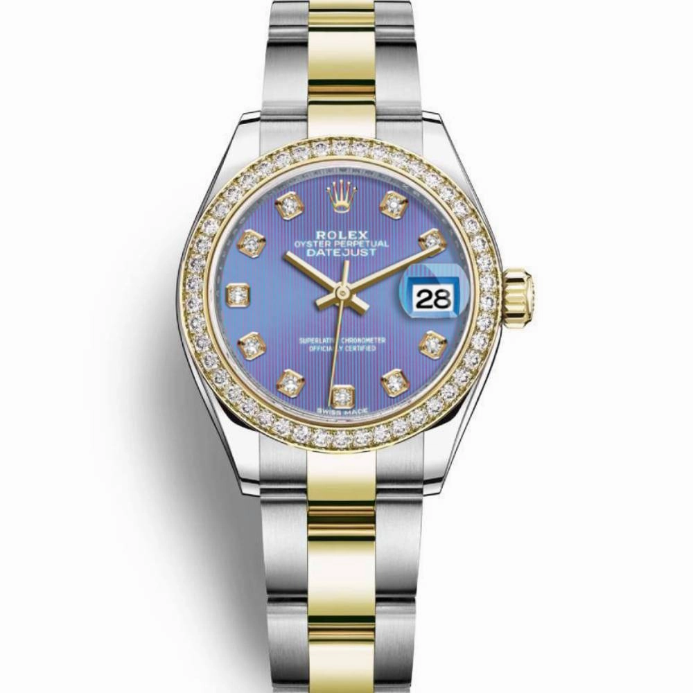 Rolex Lady-Datejust 28mm - Ref: 279383rbr-0016 - Lavender Purple Diamond Dial & Diamond Bezel, Two Tone Stainless Steel & 18K Yellow Gold Oyster Bracelet Women's Watch