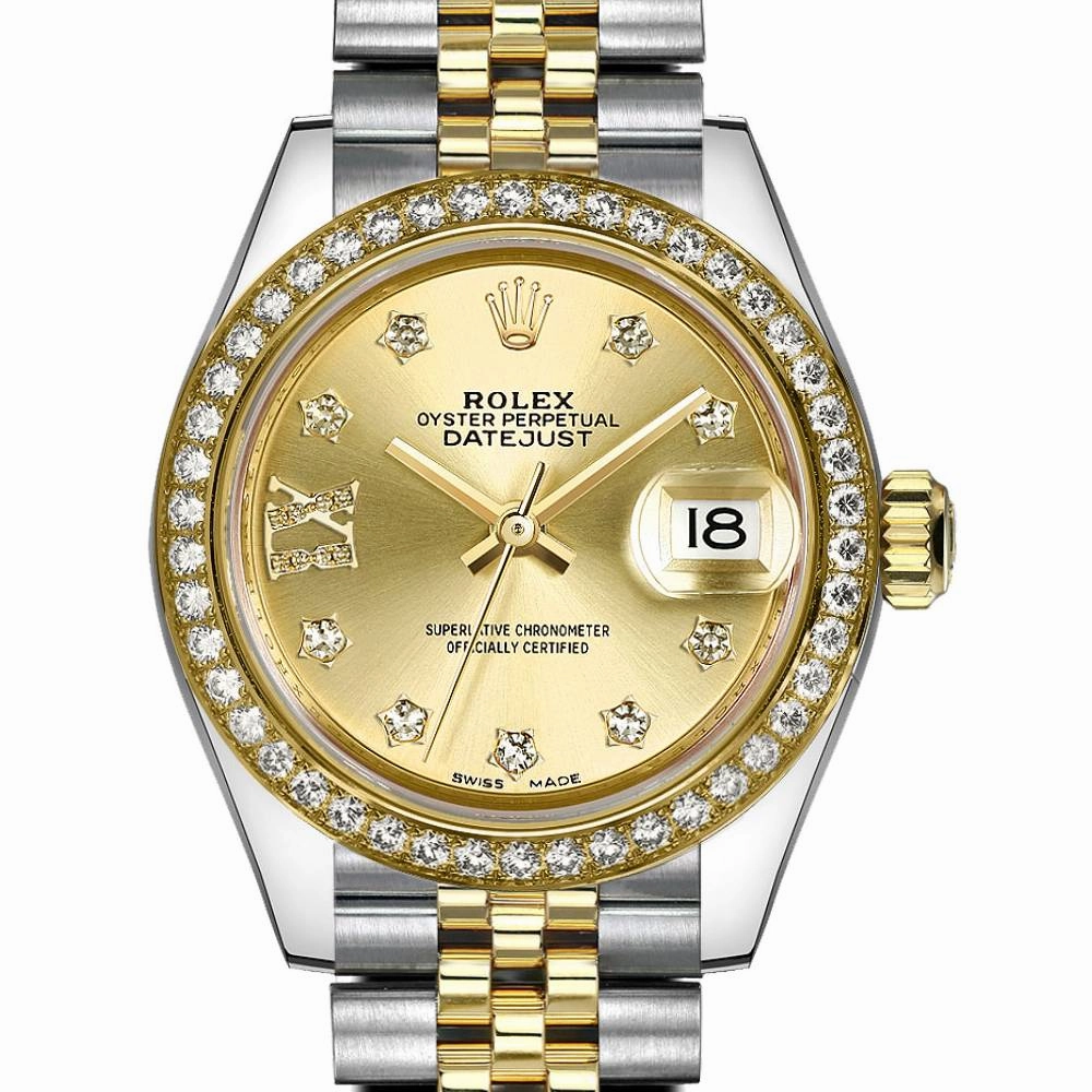 Rolex Lady-Datejust 28mm - Ref: 279383rbr-0021 - Champagne Diamond Dial & Diamond Bezel, Two Tone Stainless Steel & 18K Yellow Gold Jubilee Bracelet Women's Watch