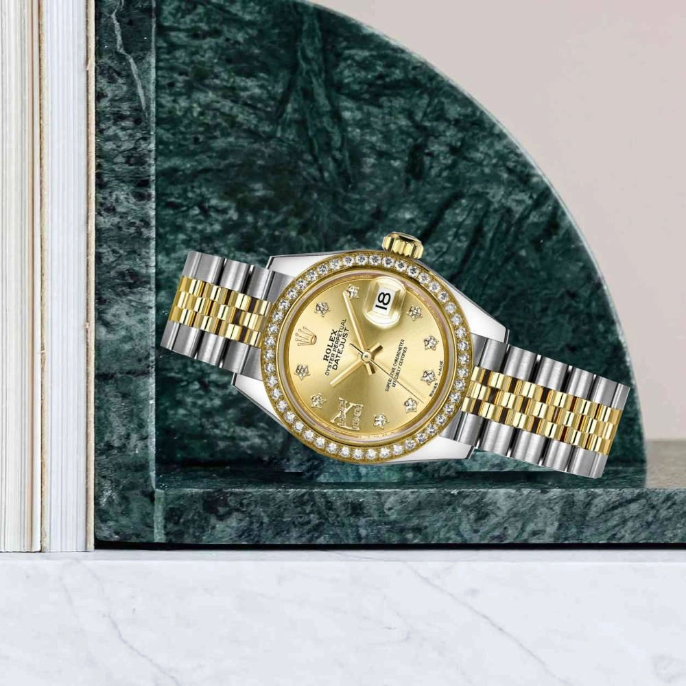 Rolex Lady-Datejust 28mm - Ref: 279383rbr-0021 - Champagne Diamond Dial & Diamond Bezel, Two Tone Stainless Steel & 18K Yellow Gold Jubilee Bracelet Women's Watch