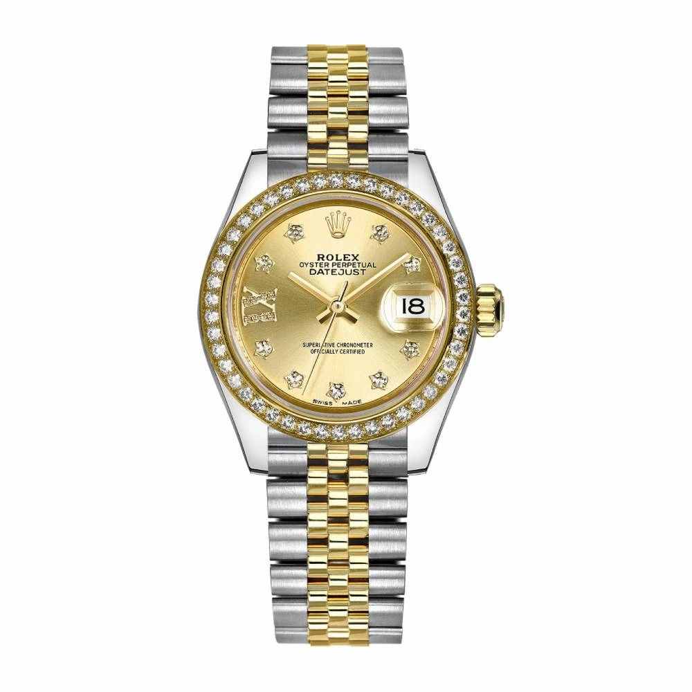 Rolex Lady-Datejust 28mm - Ref: 279383rbr-0021 - Champagne Diamond Dial & Diamond Bezel, Two Tone Stainless Steel & 18K Yellow Gold Jubilee Bracelet Women's Watch
