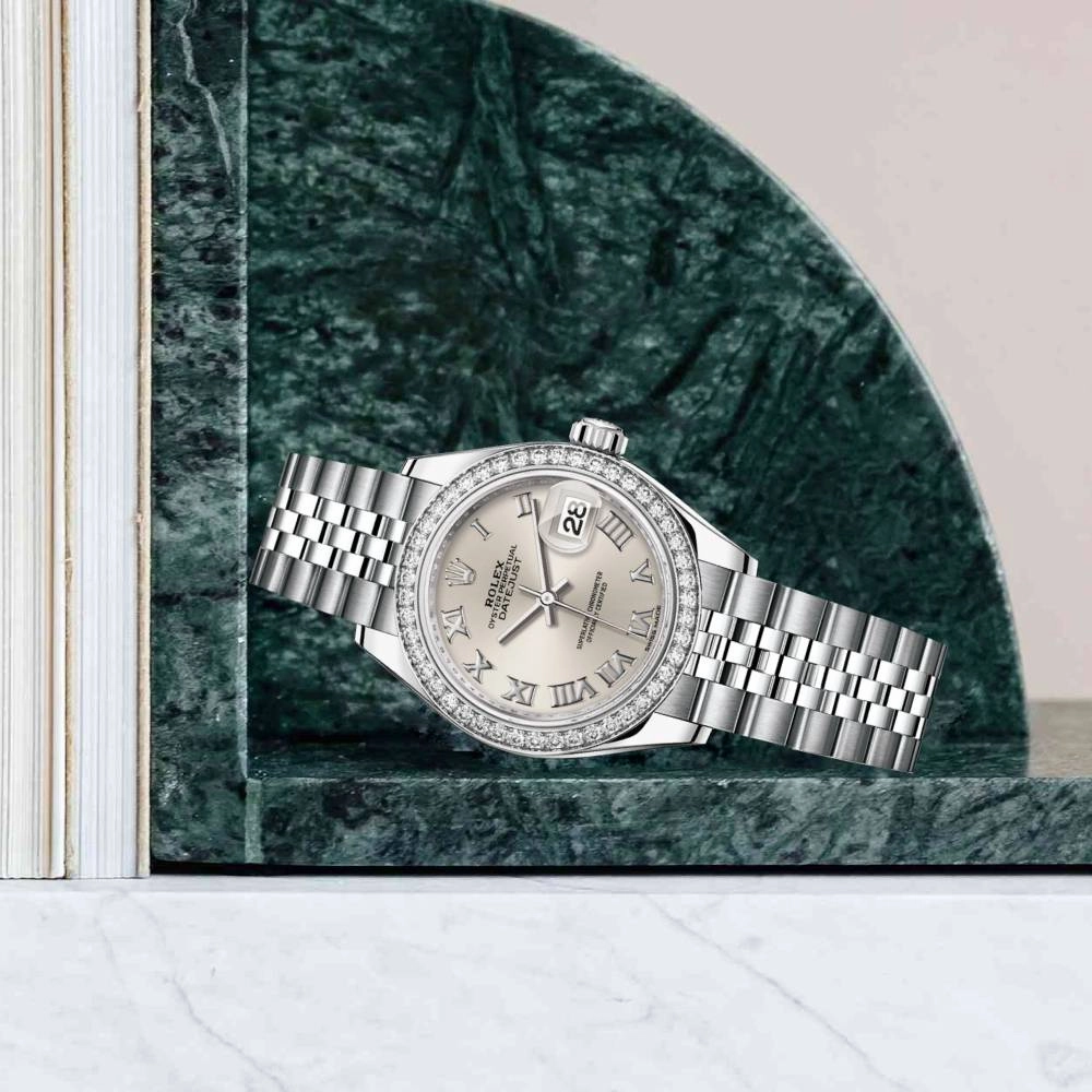 Rolex Lady-Datejust 28mm - Ref: 279384rbr-0009 - Silver Roman Dial & Diamond Bezel, Stainless Steel Jubilee Bracelet Women's Watch