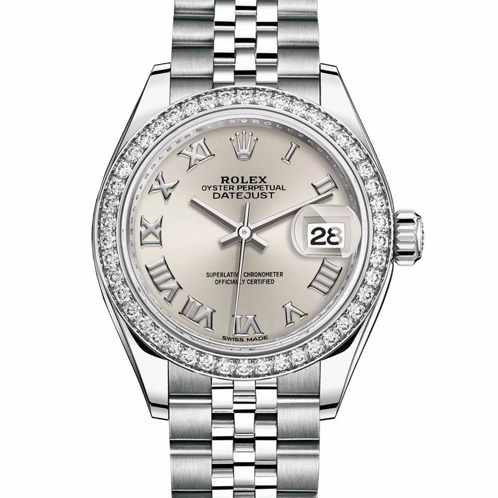 Rolex Lady-Datejust 28mm - Ref: 279384rbr-0009 - Silver Roman Dial & Diamond Bezel, Stainless Steel Jubilee Bracelet Women's Watch