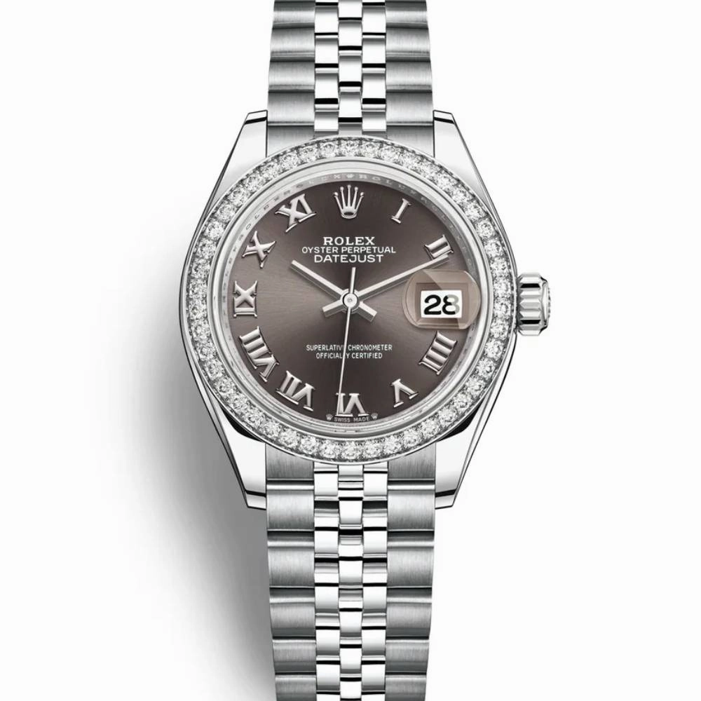 Rolex Lady-Datejust 28mm - Ref: 279384rbr-0015 - Dark Grey Roman Dial & Diamond Bezel, Stainless Steel Jubilee Bracelet Women's Watch