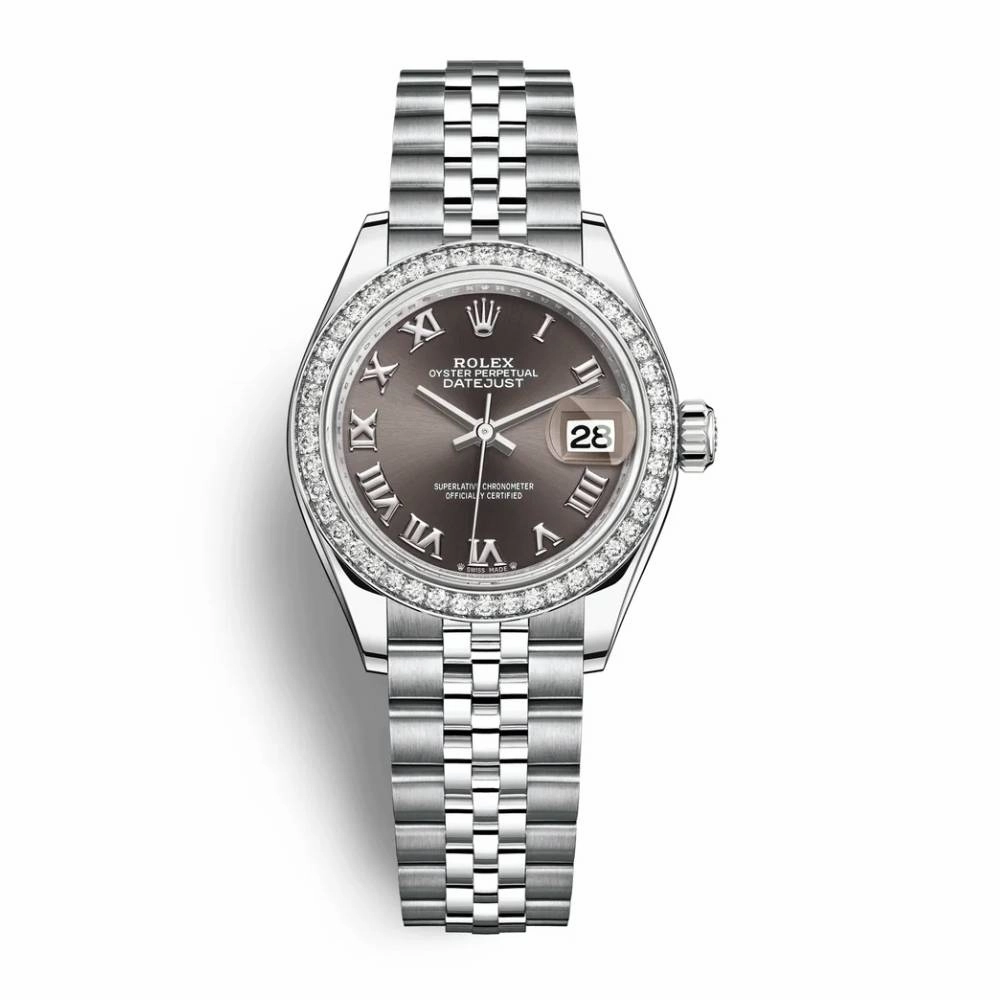 Rolex Lady-Datejust 28mm - Ref: 279384rbr-0015 - Dark Grey Roman Dial & Diamond Bezel, Stainless Steel Jubilee Bracelet Women's Watch