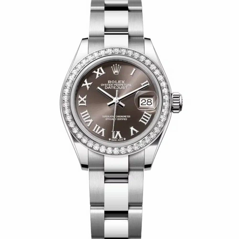 Rolex Lady-Datejust 28mm - Ref: 279384rbr-0016 - Dark Grey Roman Dial & Diamond Bezel, Stainless Steel Oyster Bracelet Women's Watch