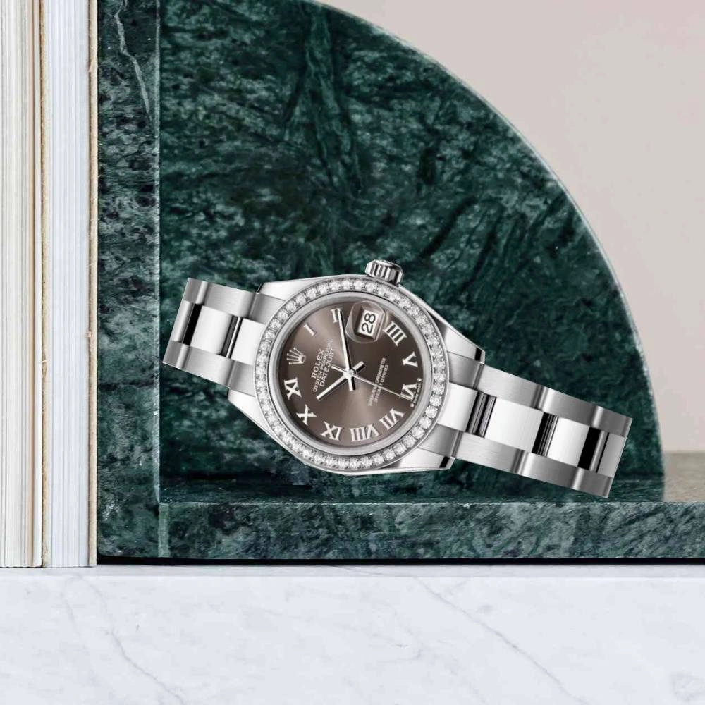 Rolex Lady-Datejust 28mm - Ref: 279384rbr-0016 - Dark Grey Roman Dial & Diamond Bezel, Stainless Steel Oyster Bracelet Women's Watch