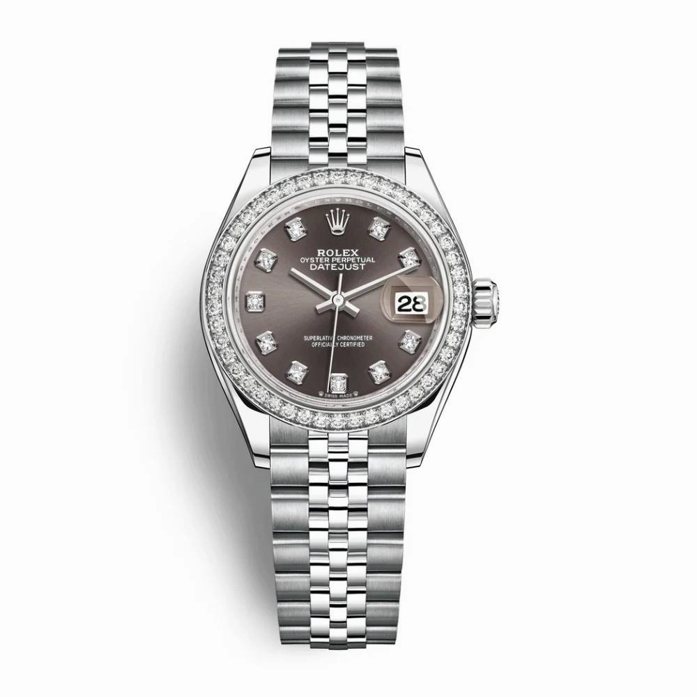 Rolex Lady-Datejust 28mm - Ref: 279384rbr-0017 - Dark Grey Diamond Dial & Diamond Bezel, Stainless Steel Jubilee Bracelet Women's Watch