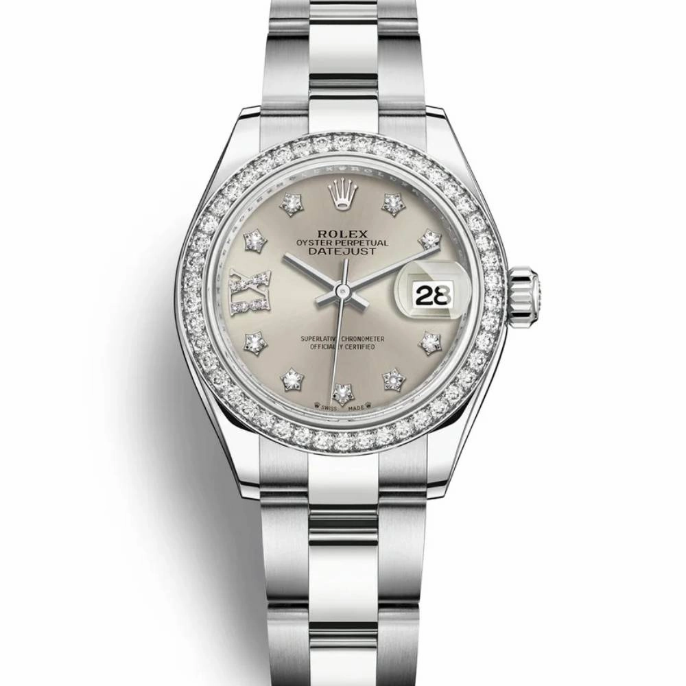 Rolex Lady-Datejust 28mm - Ref: 279384rbr-0022 - Silver Diamond Dial & Diamond Bezel, Stainless Steel Oyster Bracelet Women's Watch