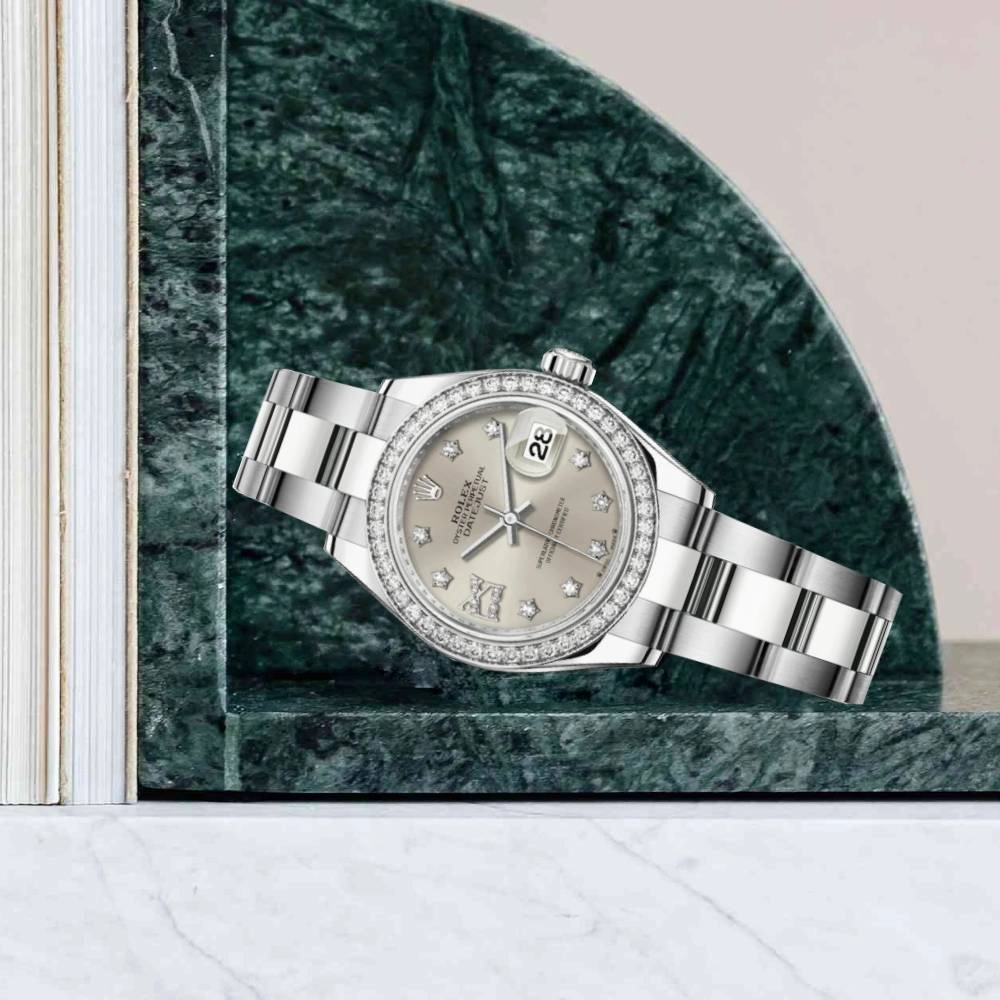 Rolex Lady-Datejust 28mm - Ref: 279384rbr-0022 - Silver Diamond Dial & Diamond Bezel, Stainless Steel Oyster Bracelet Women's Watch