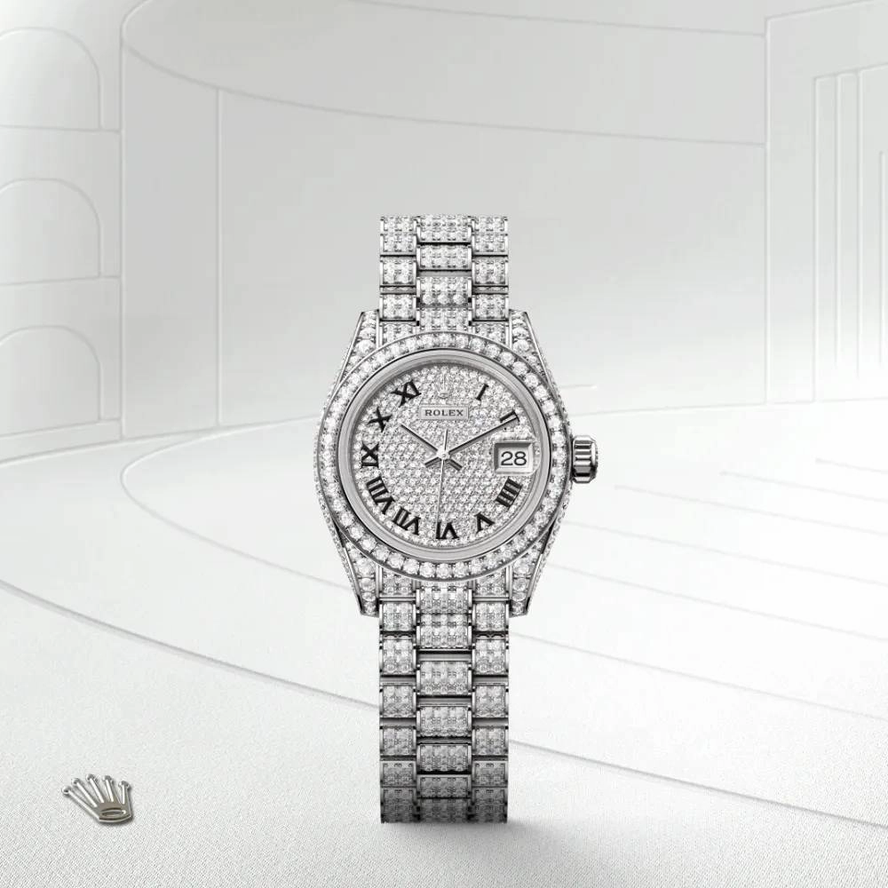 Rolex Lady Datejust 28mm - Ref: 279459rbr-0001 - Diamond Pave Dial, 18K White Gold President Bracelet Women's Watch