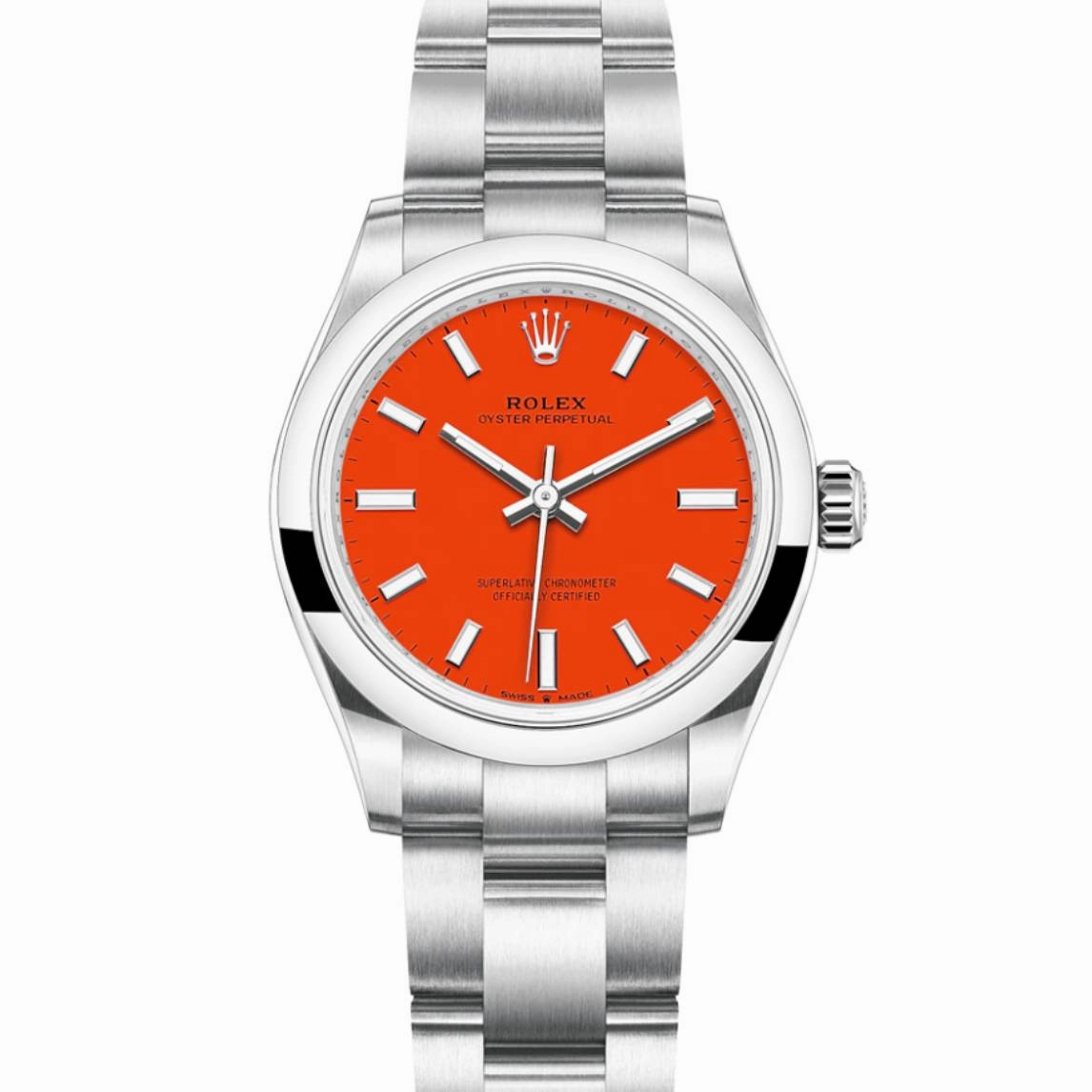 Rolex Oyster Perpetual 31mm | Stainless steel bracelet | Coral red dial Smooth bezel | Ladies Watch 277200-0008