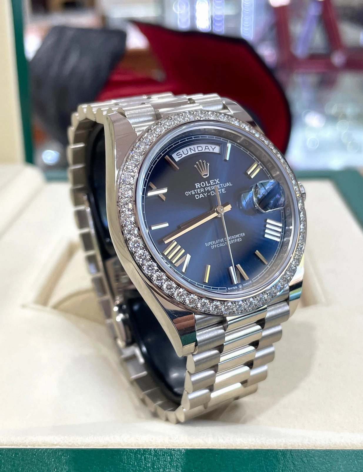 Rolex Oyster Perpetual Day-Date 40  228349RBR Blue Roman Factory Diamond Bezel UNWORN