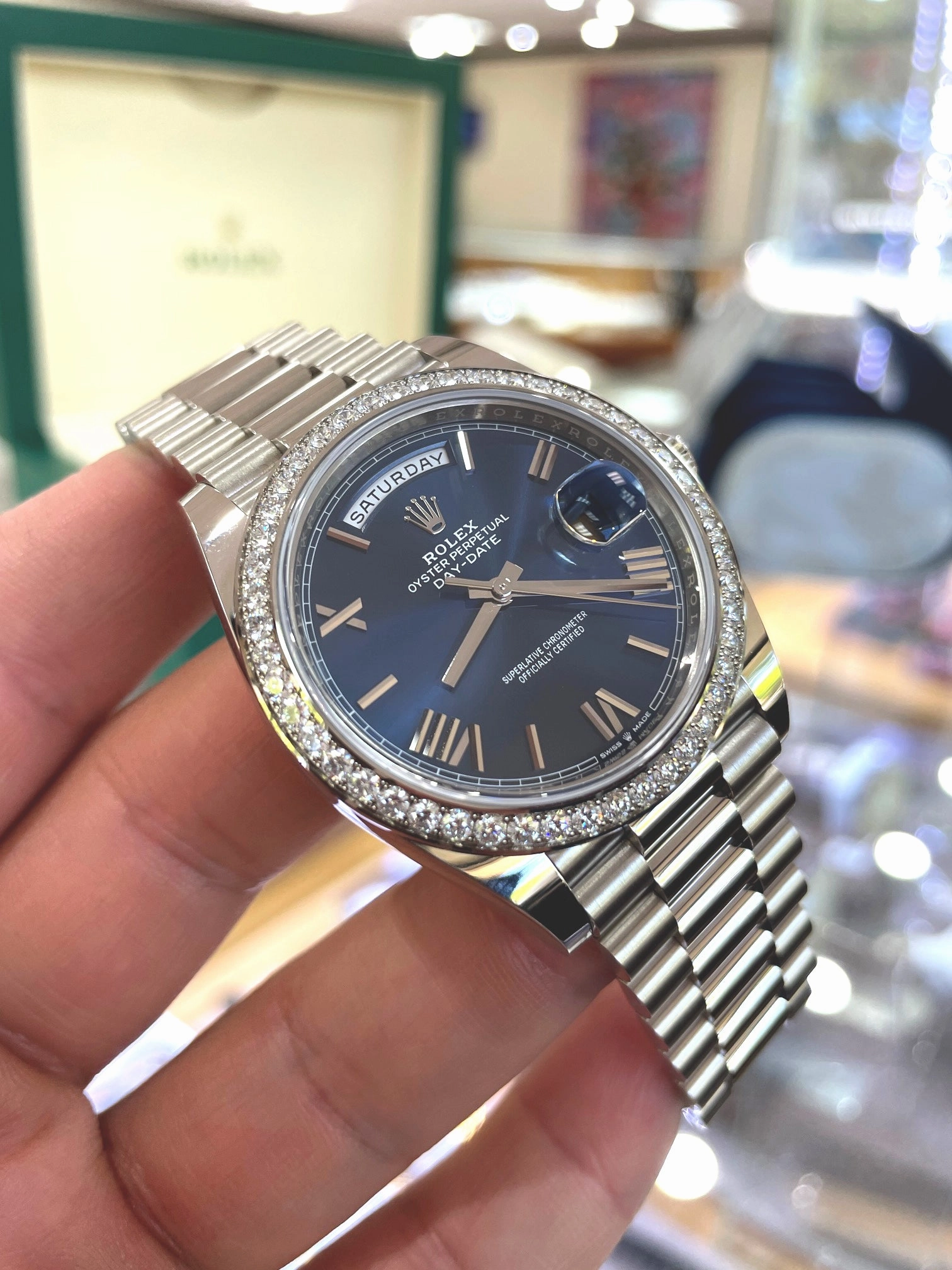 Rolex Oyster Perpetual Day-Date 40  228349RBR Blue Roman Factory Diamond Bezel UNWORN