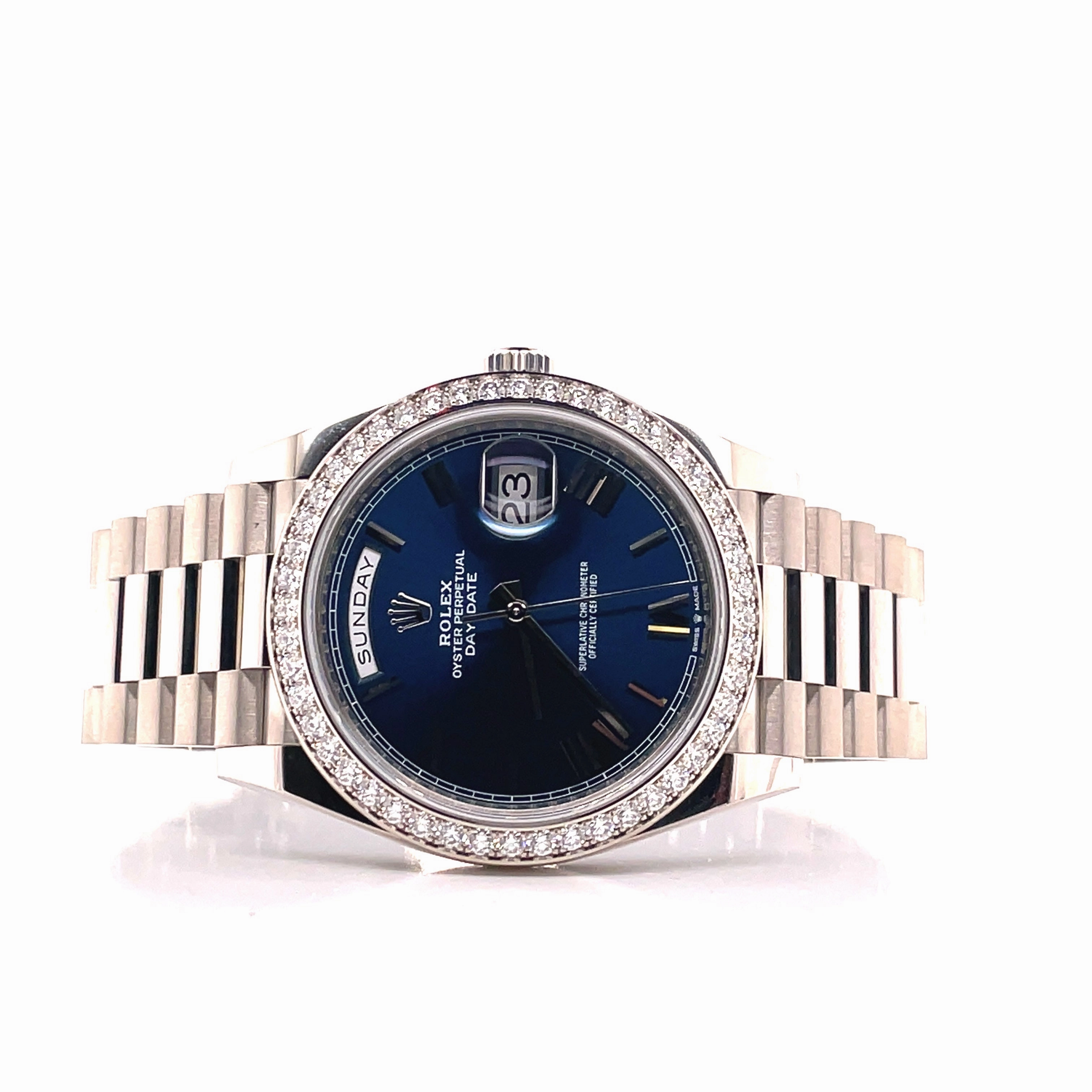 Rolex Oyster Perpetual Day-Date 40  228349RBR Blue Roman Factory Diamond Bezel UNWORN