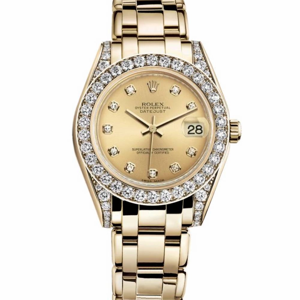 Rolex Pearlmaster 34mm - Ref: 81158-0013 - Champagne Diamond Dial, Diamond Bezel & Diamond Case, 18K Yellow Gold Bracelet Women's Watch