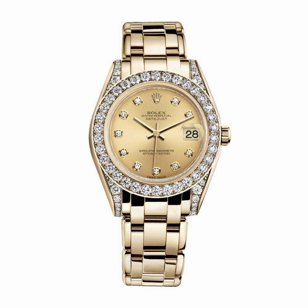 Rolex Pearlmaster 34mm - Ref: 81158-0013 - Champagne Diamond Dial, Diamond Bezel & Diamond Case, 18K Yellow Gold Bracelet Women's Watch
