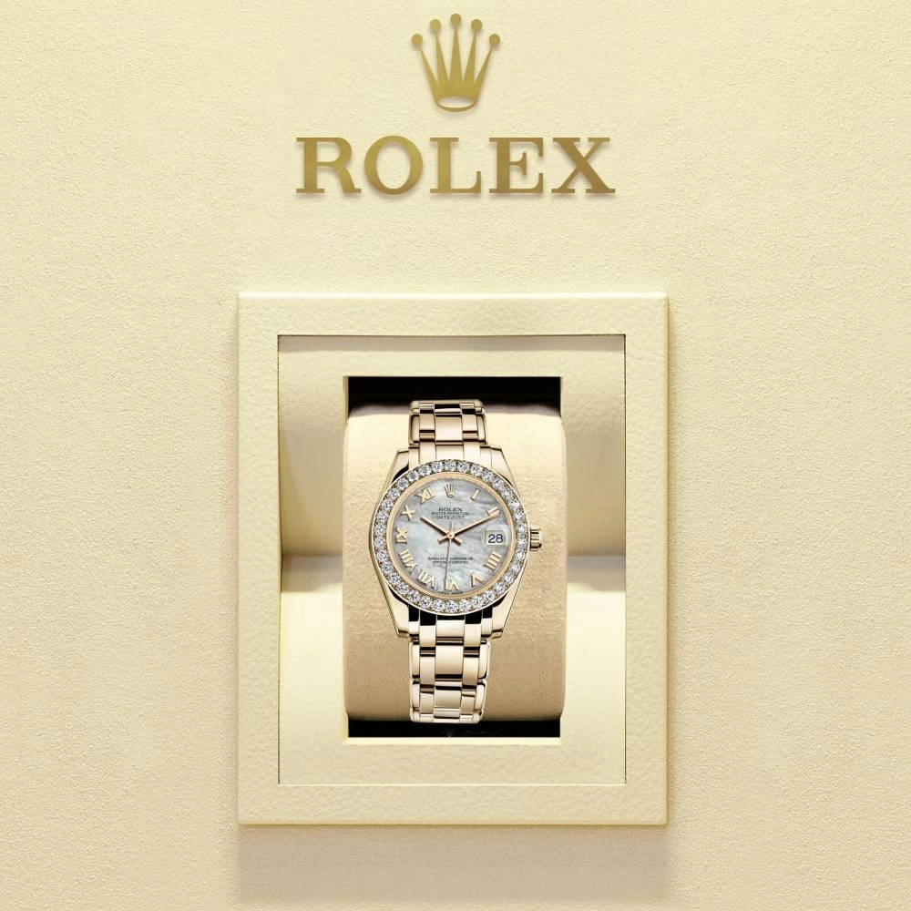 Rolex Pearlmaster 34mm - Ref: 81298-0004 - White mother of Pearl Roman Diamond Dial & Diamond Bezel, 18K Yellow Gold Bracelet Women's Watch