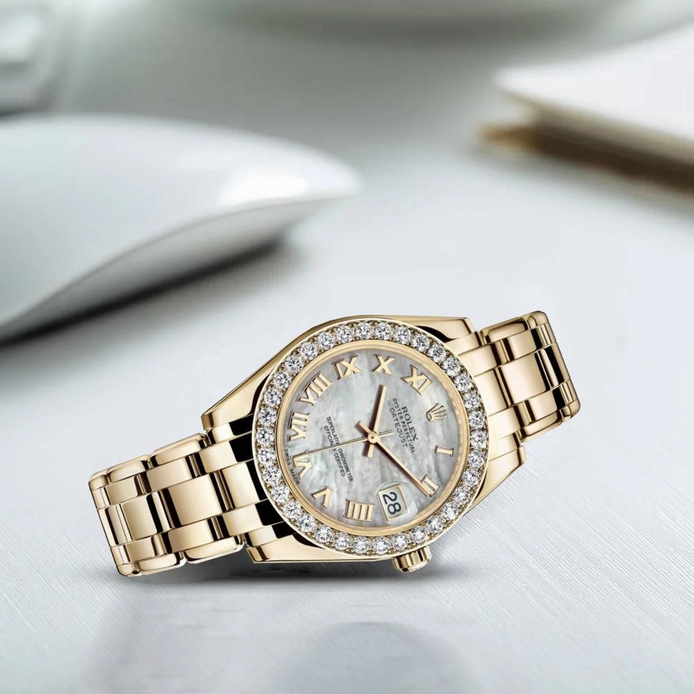 Rolex Pearlmaster 34mm - Ref: 81298-0004 - White mother of Pearl Roman Diamond Dial & Diamond Bezel, 18K Yellow Gold Bracelet Women's Watch
