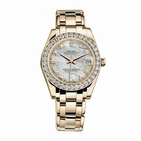 Rolex Pearlmaster 34mm - Ref: 81298-0004 - White mother of Pearl Roman Diamond Dial & Diamond Bezel, 18K Yellow Gold Bracelet Women's Watch