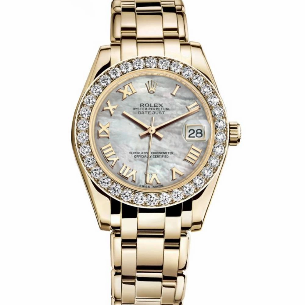 Rolex Pearlmaster 34mm - Ref: 81298-0004 - White mother of Pearl Roman Diamond Dial & Diamond Bezel, 18K Yellow Gold Bracelet Women's Watch