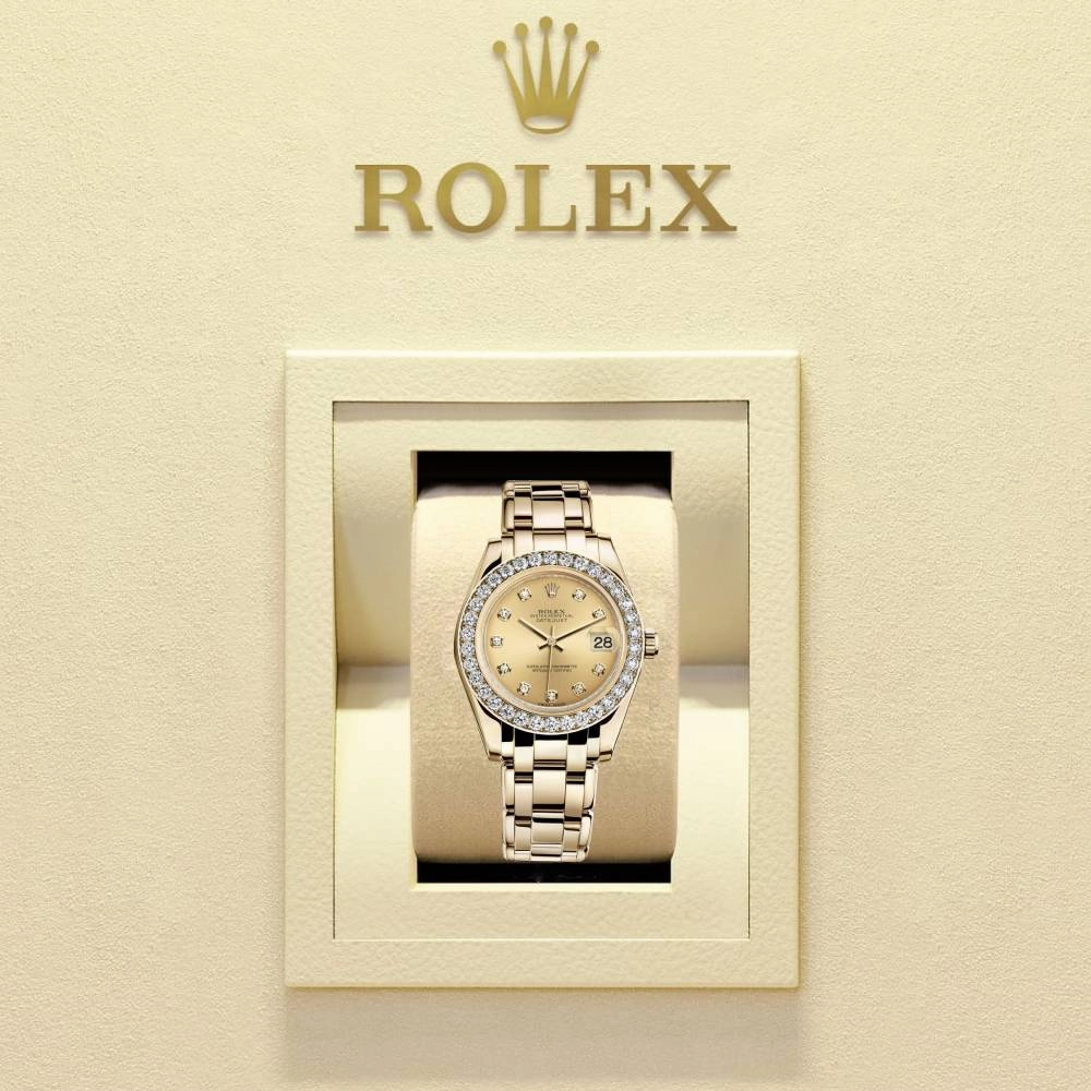 Rolex Pearlmaster 34mm - Ref: 81298-0005 - Champagne Diamond Dial & Diamond Bezel, 18K Yellow Gold Bracelet Women's Watch