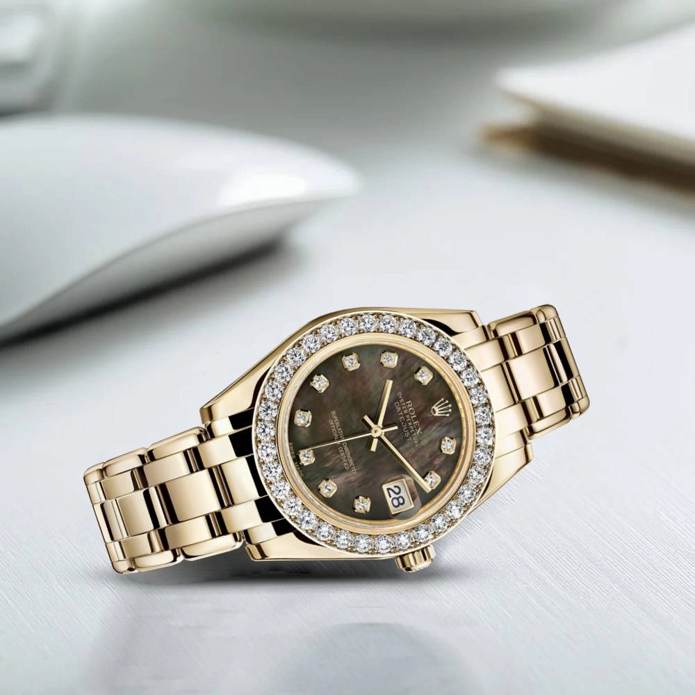 Rolex Pearlmaster 34mm - Ref: 81298-0013 - Black Mother of Pearl Diamond Dial & Diamond Bezel, 18K Yellow Gold Bracelet Women's Watch