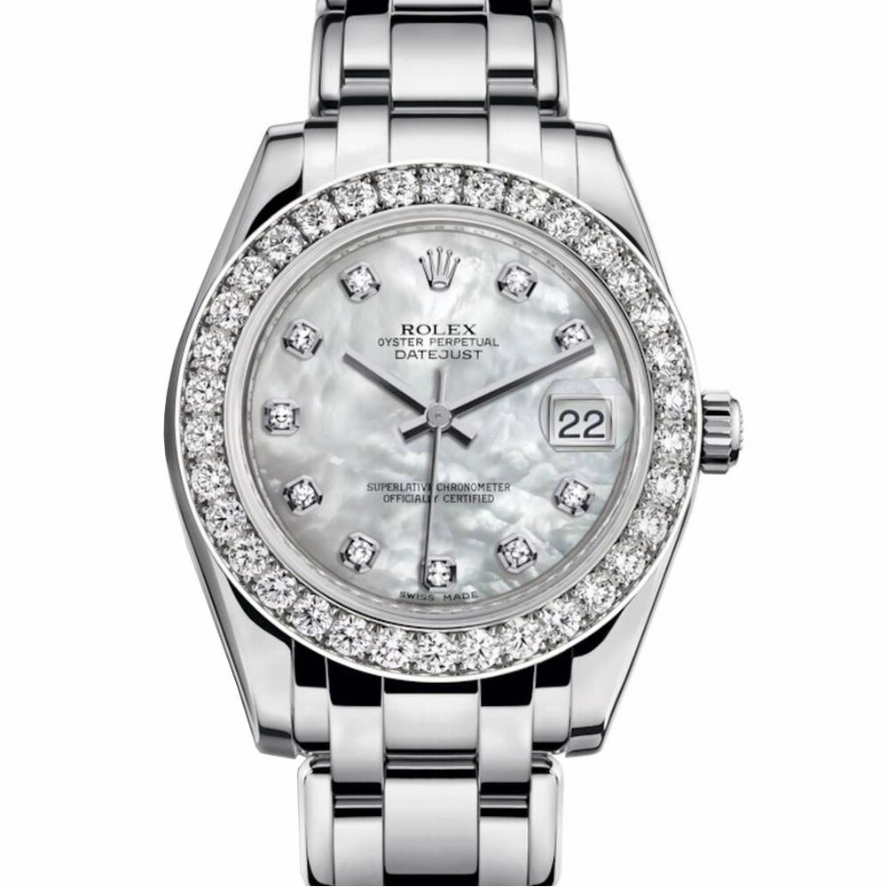 Rolex Pearlmaster 34mm - Ref: 81299-0014 - White mother of Pearl Diamond Dial & Diamond Bezel, 18K White Gold Bracelet Women's Watch