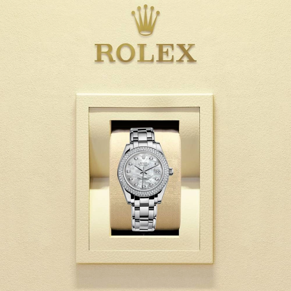 Rolex Pearlmaster 34mm - Ref: 81299-0014 - White mother of Pearl Diamond Dial & Diamond Bezel, 18K White Gold Bracelet Women's Watch