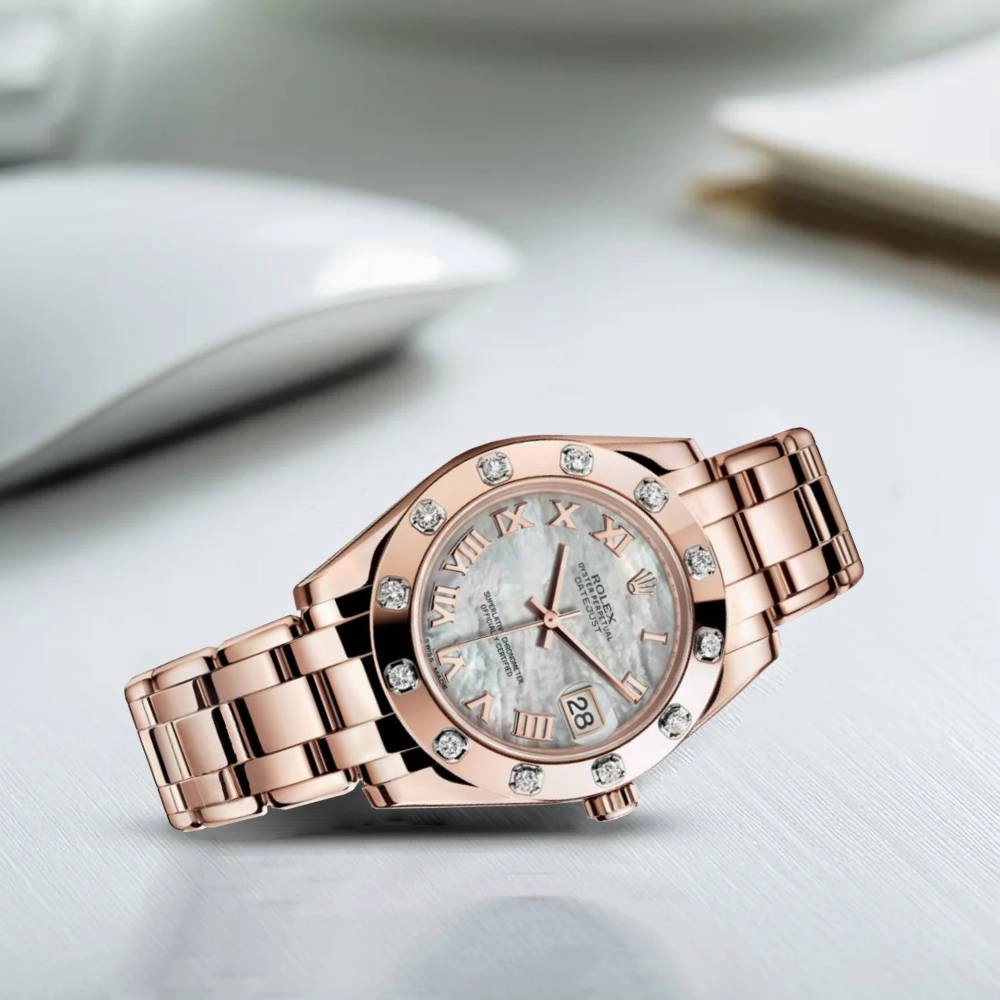 Rolex Pearlmaster 34mm - Ref: 81315-0002 - White mother of Pearl Roman Diamond Dial & Diamond Bezel, 18K Rose Gold Bracelet Women's Watch