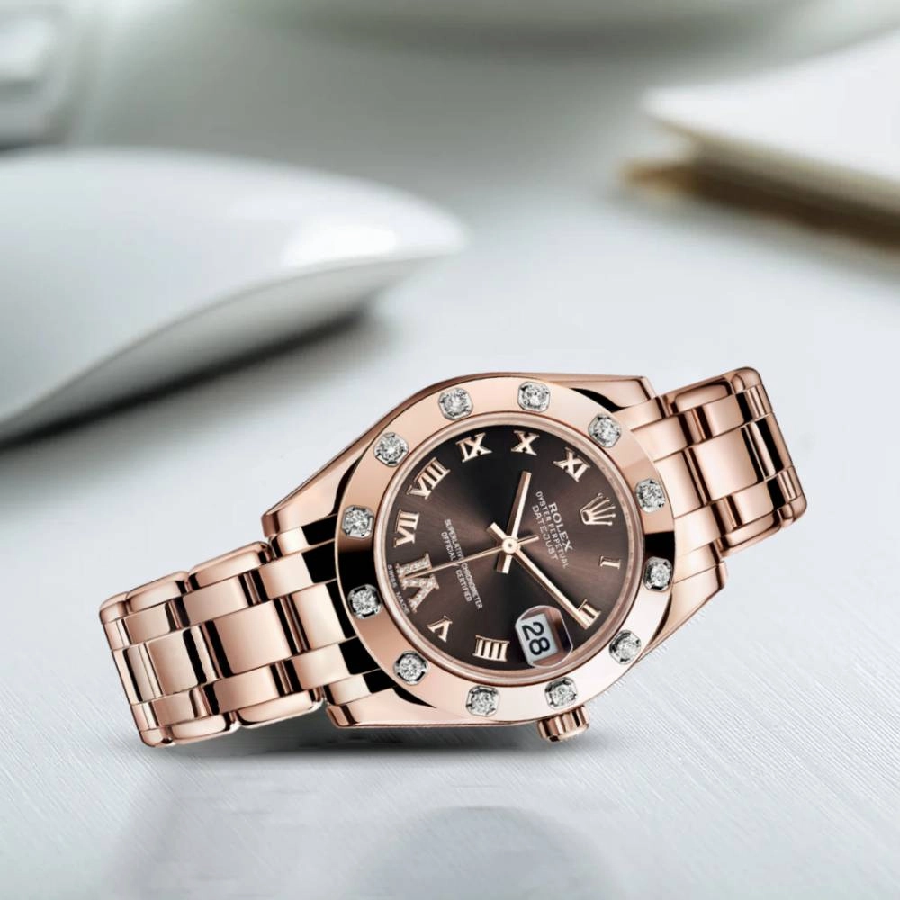 Rolex Pearlmaster 34mm - Ref: 81315-0003 - Chocolate Roman Diamond Dial & Diamond Bezel, 18K Rose Gold Bracelet Women's Watch