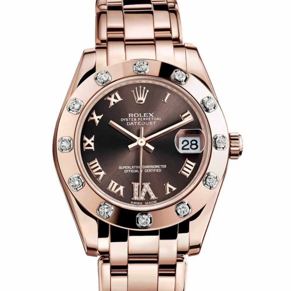 Rolex Pearlmaster 34mm - Ref: 81315-0003 - Chocolate Roman Diamond Dial & Diamond Bezel, 18K Rose Gold Bracelet Women's Watch