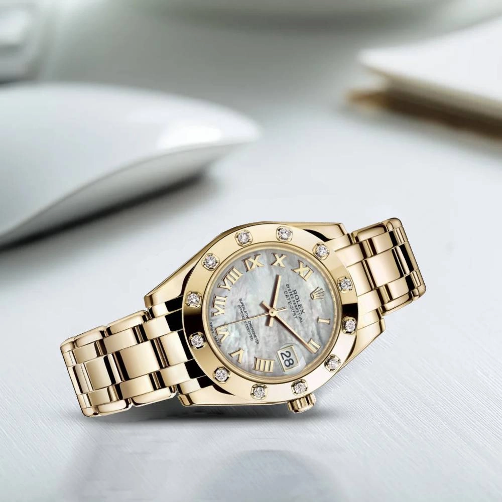 Rolex Pearlmaster 34mm - Ref: 81318-0005 - White mother of Pearl Roman Dial & Diamond Bezel, 18K Yellow Gold Bracelet Women's Watch