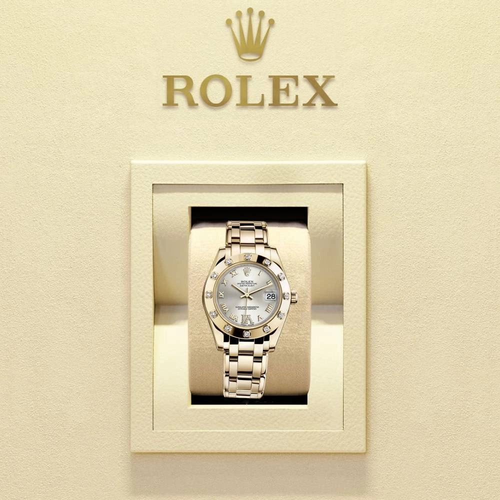 Rolex Pearlmaster 34mm - Ref: 81318-0036 - Silver Roman Diamond Dial & Diamond Bezel, 18K Yellow Gold Bracelet Women's Watch